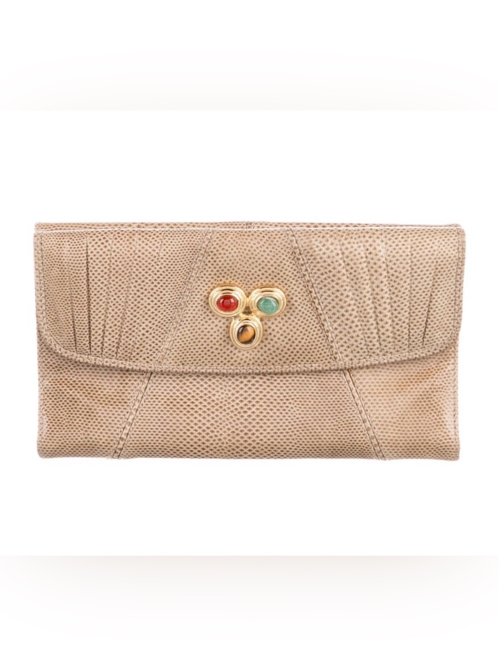 Judith Leiber Beige Textured Clutch with Multicolor Cabochon Accent
